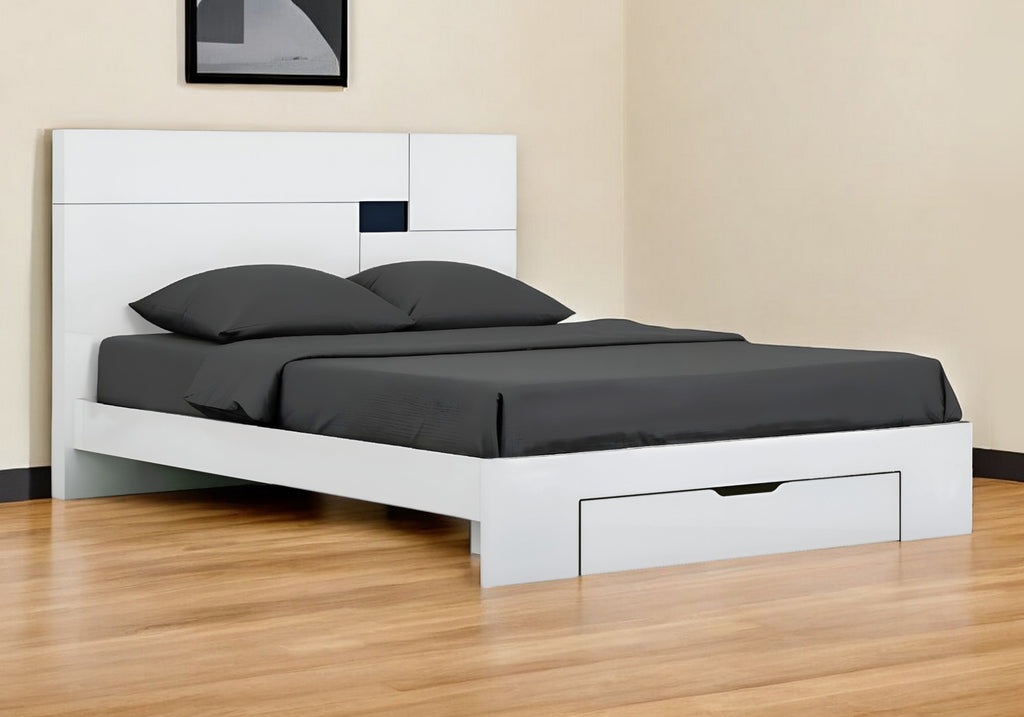 White Wood CA King Platform Bed Frame With Storage Drawer