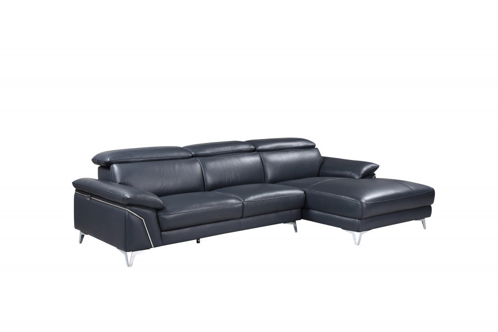 LuxxHomes  Navy Blue Italian Leather L Shaped Two Piece Sofa and Chaise Sectional