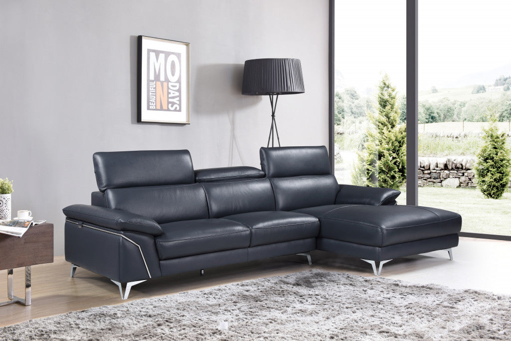 LuxxHomes  Navy Blue Italian Leather L Shaped Two Piece Sofa and Chaise Sectional