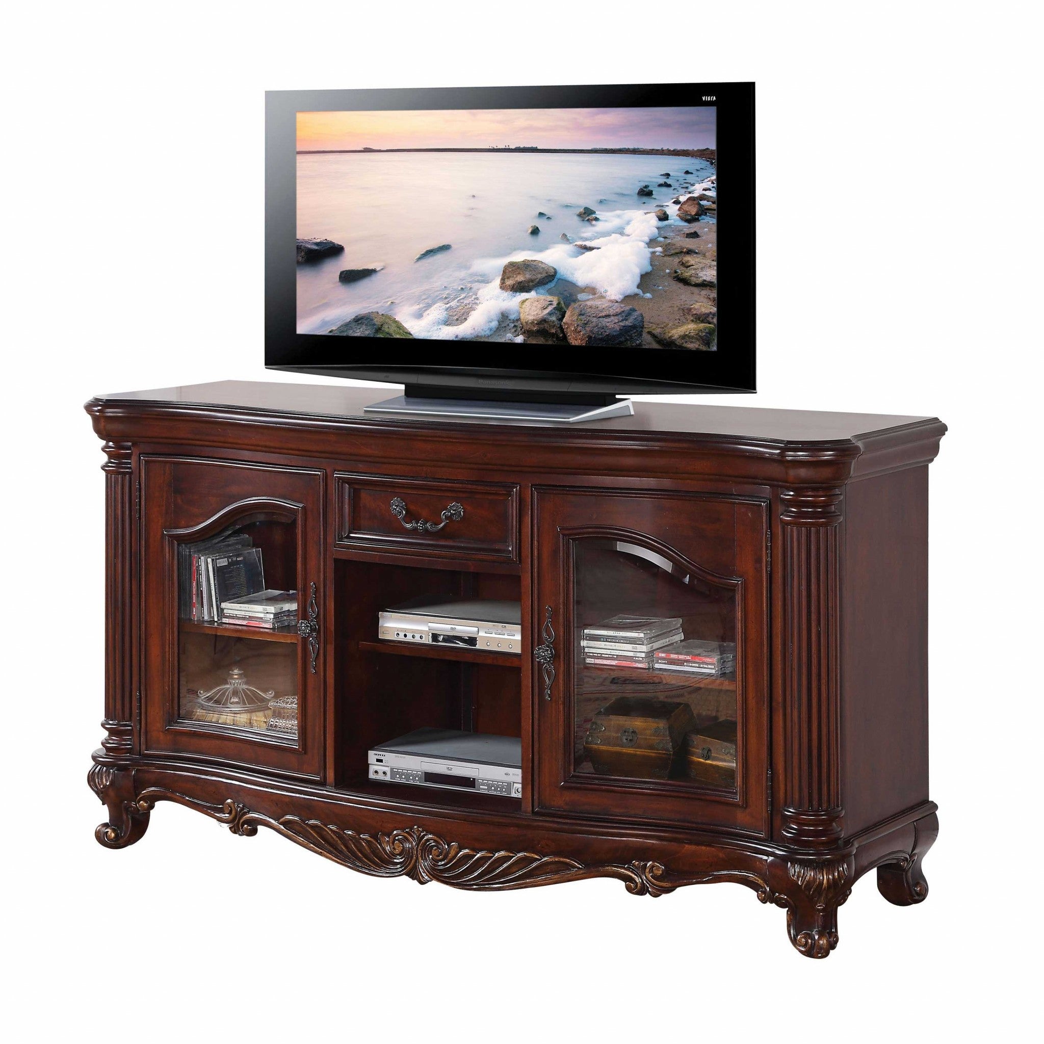 65" Brown Cherry Cabinet Enclosed Storage TV Stand with Bookcase