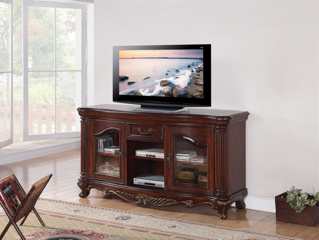 65" Brown Cherry Cabinet Enclosed Storage TV Stand with Bookcase