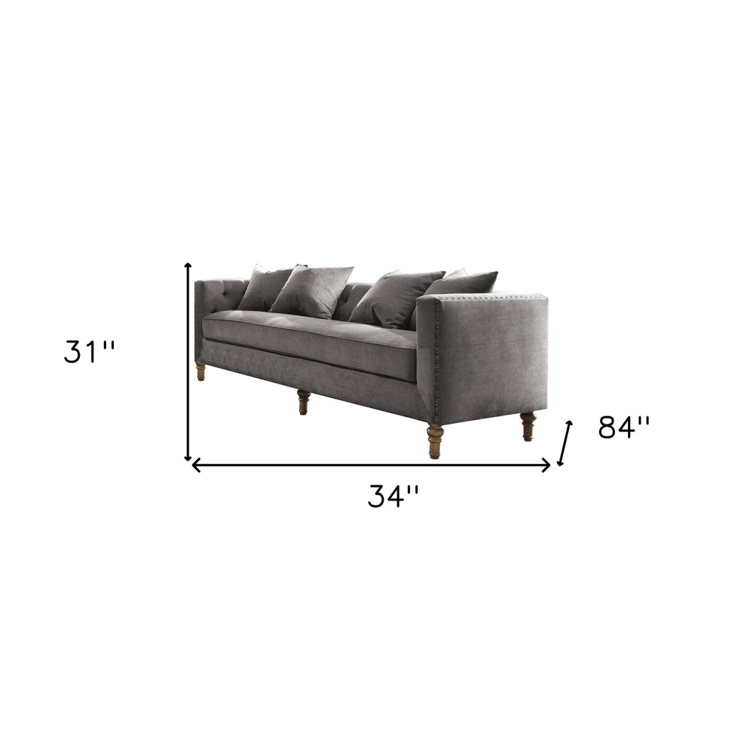 34" Gray Velvet Sofa And Toss Pillows With Brown Legs