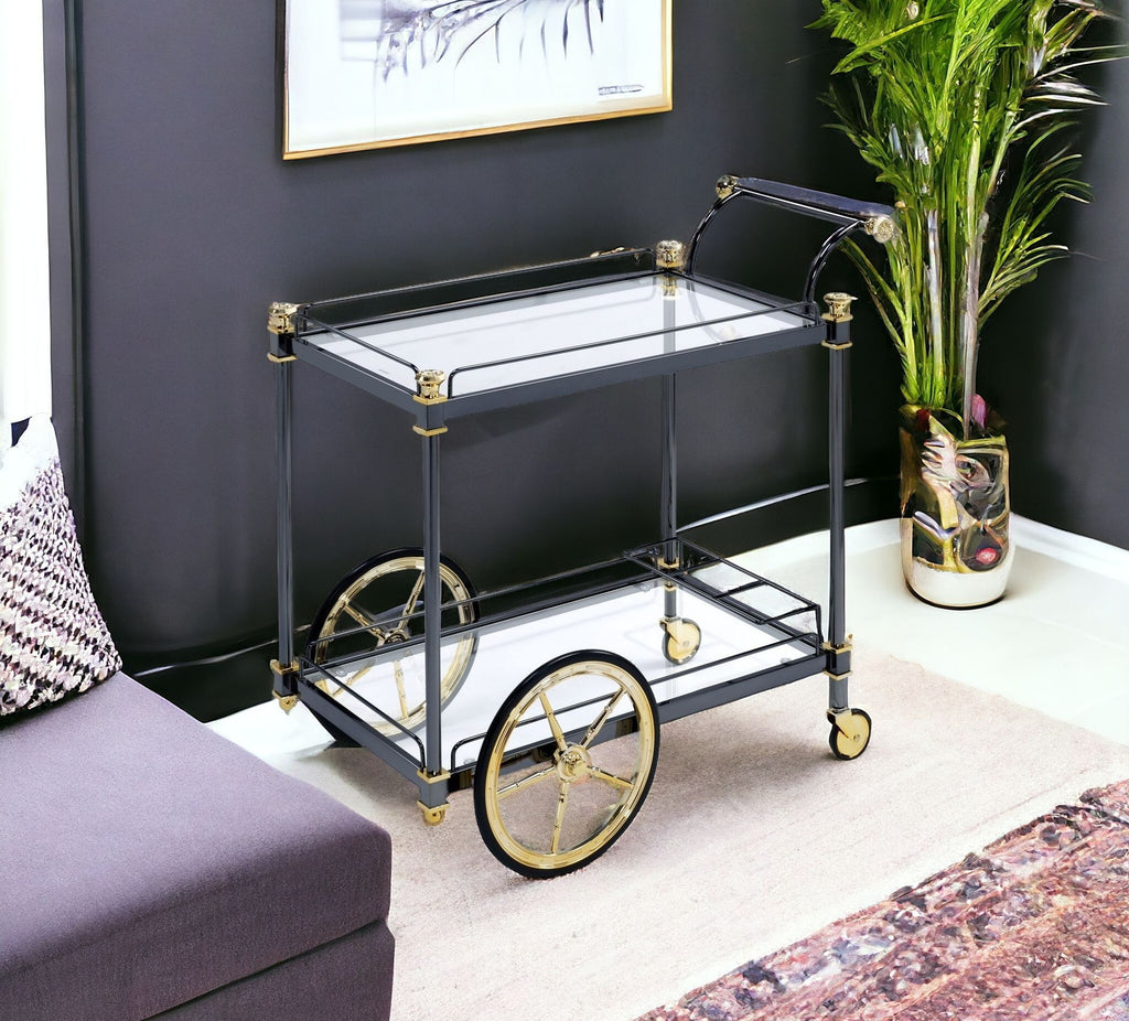 Black and Gold Iron And Glass Rolling Bar Cart With Wine Storage