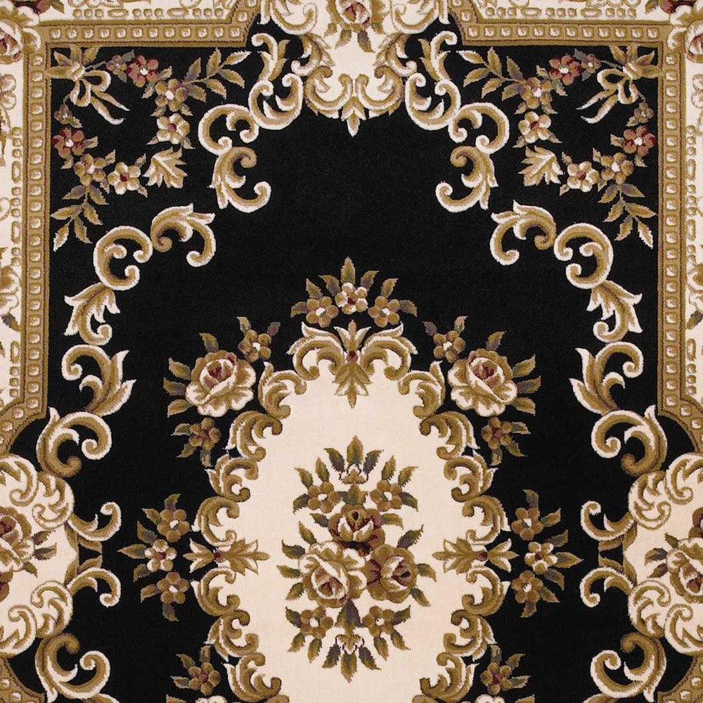 10' X 13' Black Ivory Machine Woven Hand Carved Floral Medallion Indoor Area Rug