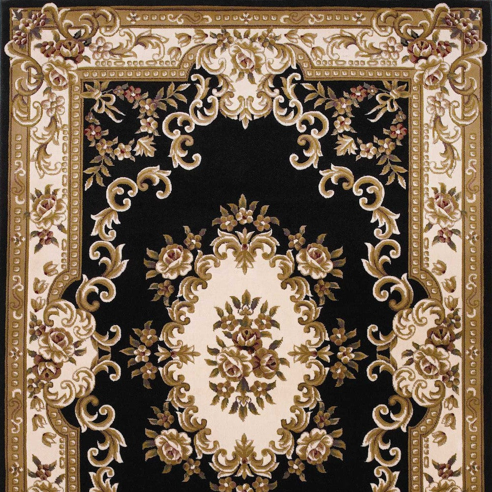 10' X 13' Black Ivory Machine Woven Hand Carved Floral Medallion Indoor Area Rug