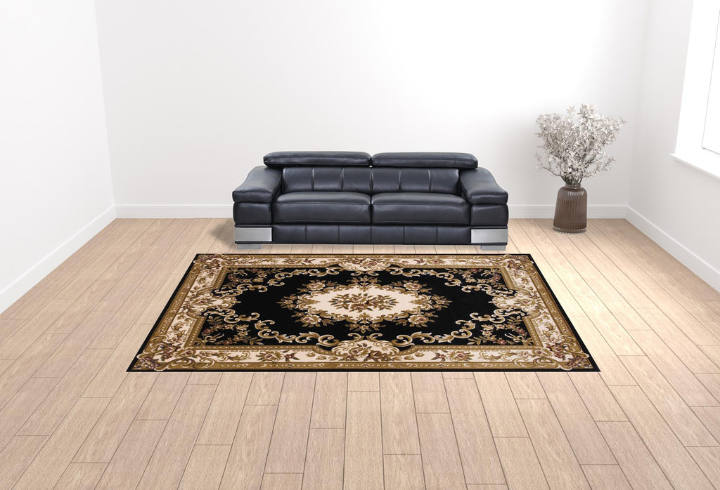 10' X 13' Black Ivory Machine Woven Hand Carved Floral Medallion Indoor Area Rug