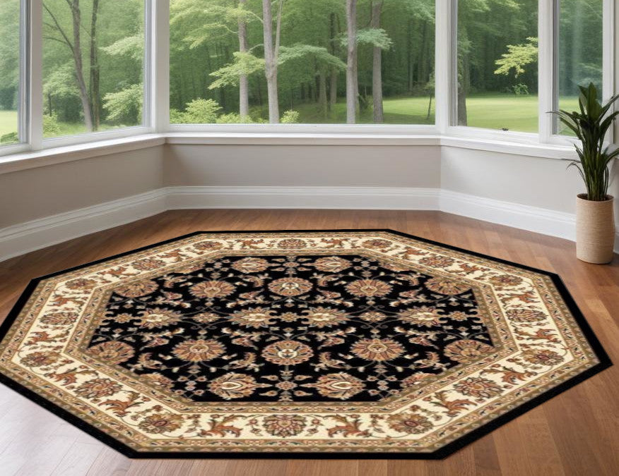 10' X 13' Black Ivory Machine Woven Floral Traditional Indoor Area Rug