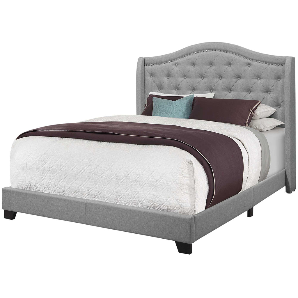 LuxxHomes  Solid Wood Queen Tufted Gray Upholstered Linen Bed With Nailhead Trim