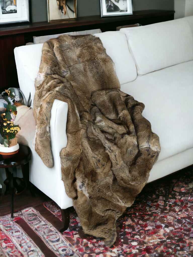 2" X 50" X 60" 100 Natural Rabbit Fur Hazelnut Throw Blanket