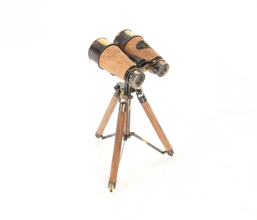 8" X 8" X 11" Wood Brass Binocular On Stand