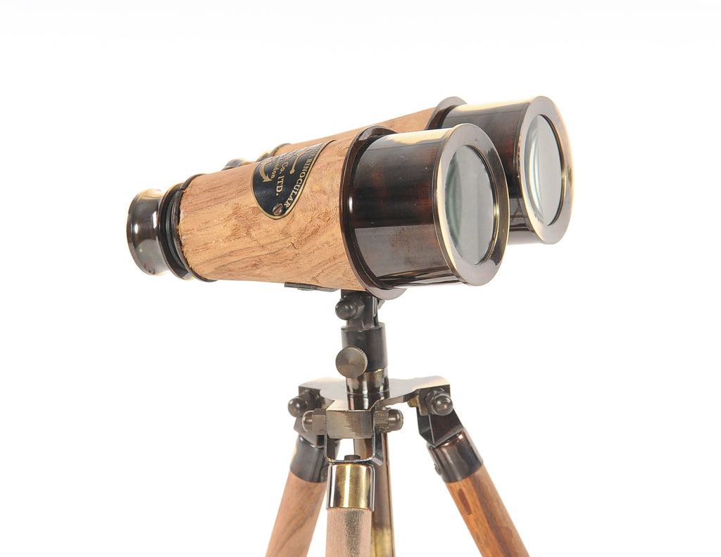 8" X 8" X 11" Wood Brass Binocular On Stand