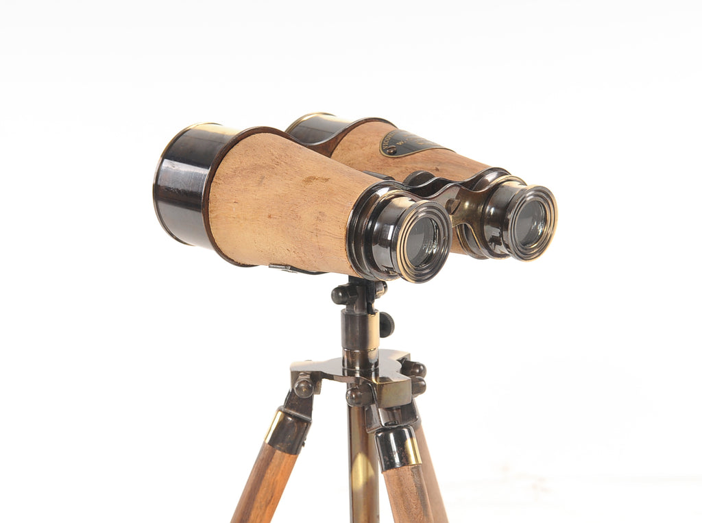 8" X 8" X 11" Wood Brass Binocular On Stand