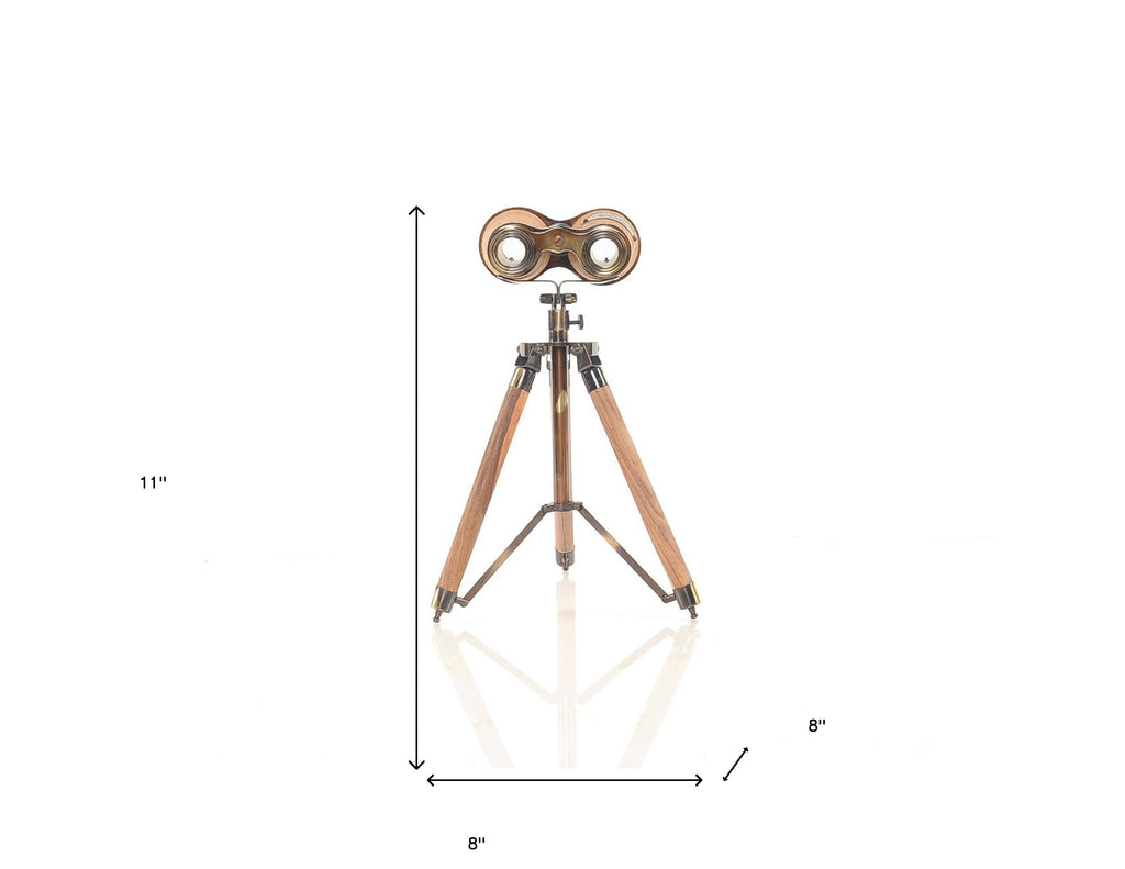 8" X 8" X 11" Wood Brass Binocular On Stand