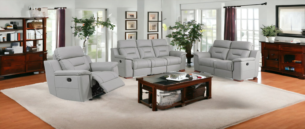 LuxxHomes  Three Piece Indoor Gray Genuine Leather Five Person Seating Set