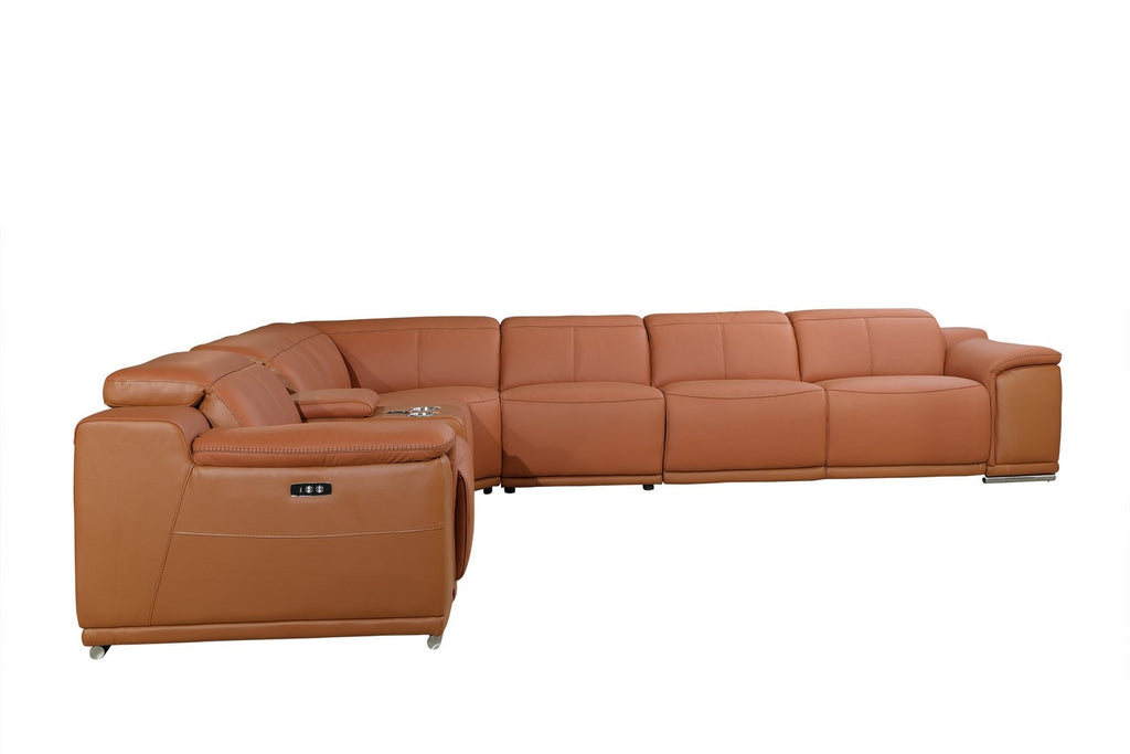 Camel Italian Leather Power Reclining U Shaped Seven Piece Corner Sectional With Console