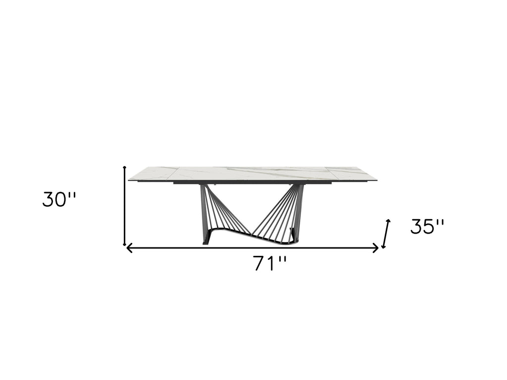 71" White and Black Stone and Iron Self-Storing Leaf Dining Table