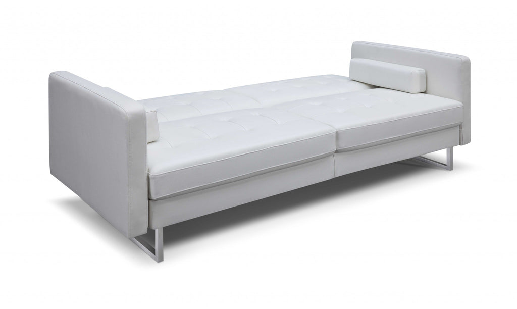 80" White Faux Leather Sleeper Sofa With Silver Legs