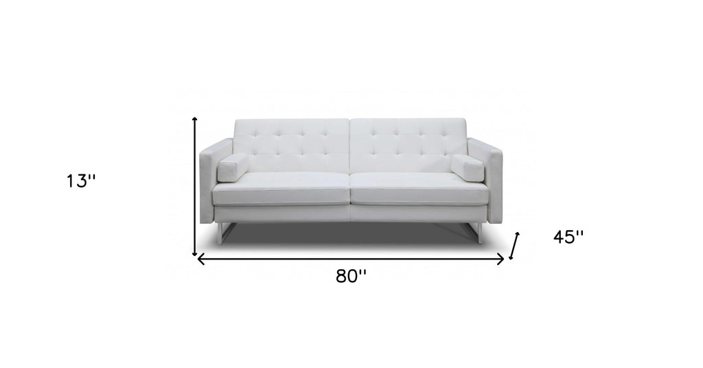 80" White Faux Leather Sleeper Sofa With Silver Legs