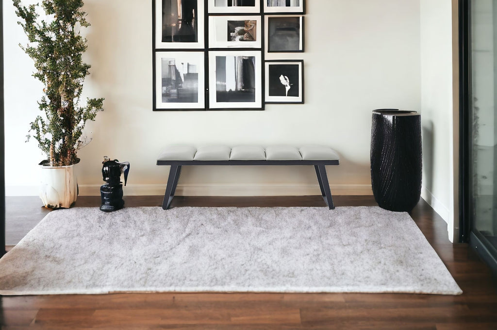 57" Light Gray and Black Upholstered Faux Leather Bench