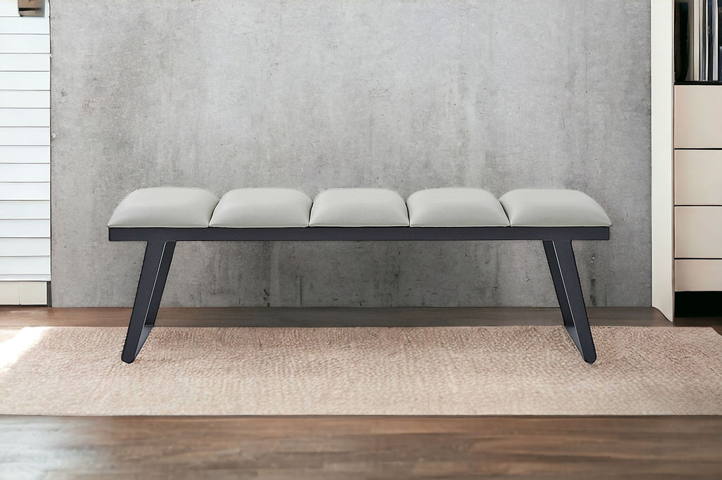 57" Light Gray and Black Upholstered Faux Leather Bench