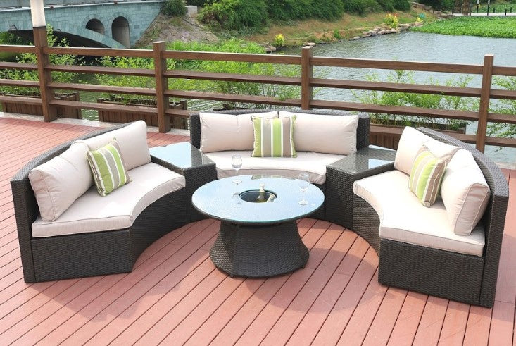 Six Piece Outdoor Black Wicker Sectional Seating Group with Beige Cushions