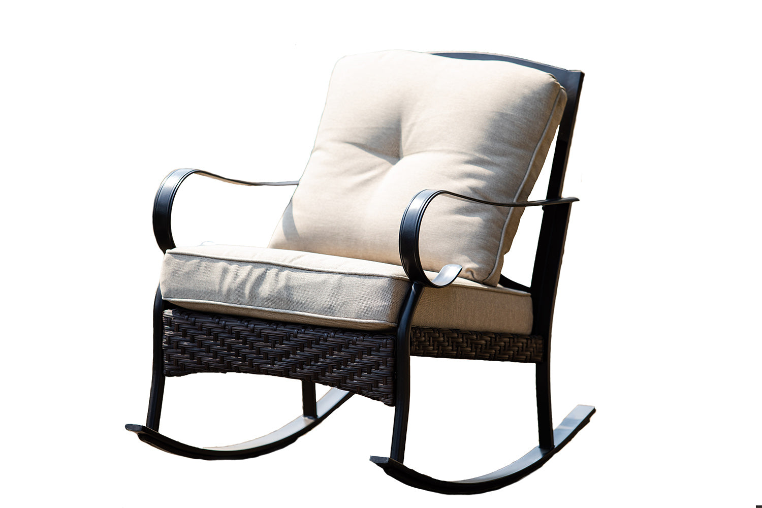 25" Black Steel Patio Rocking Chair With Beige Cushion