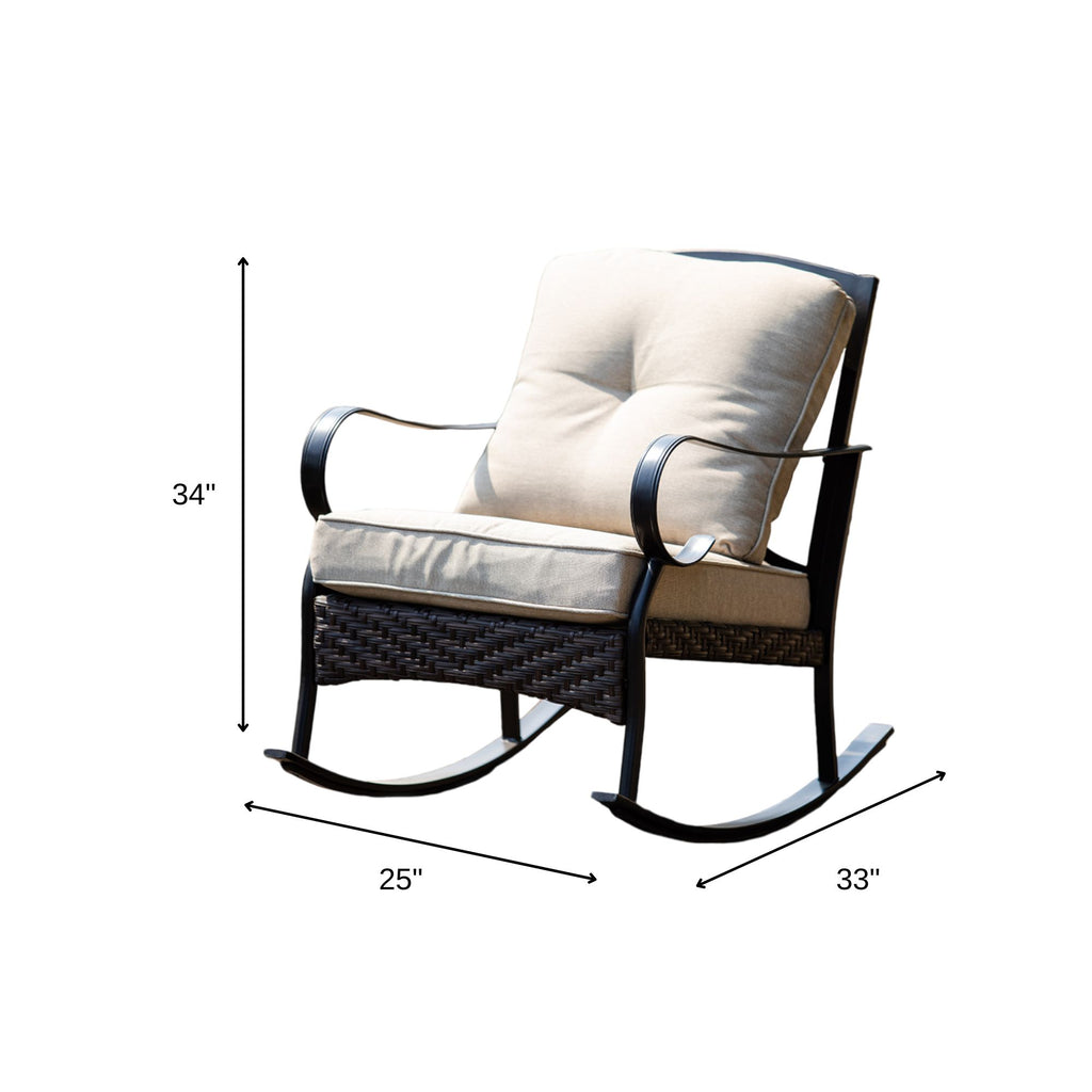 25" Black Steel Patio Rocking Chair With Beige Cushion