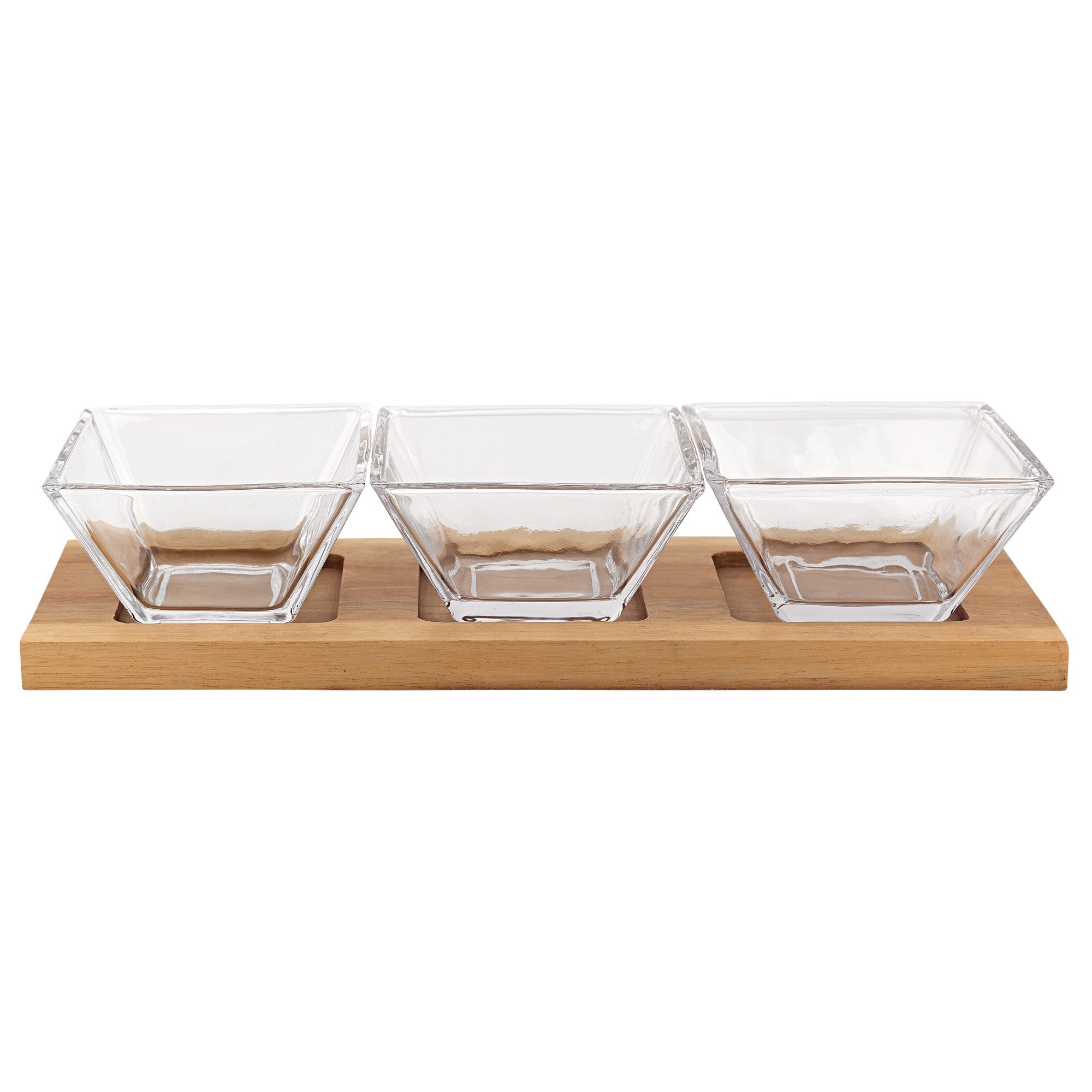 LuxxHomes  4 Mouth Blown Crystal Hostess Set   4 Pc With 3 Glass Condiment Or Dip Bowls On A Wood Tray