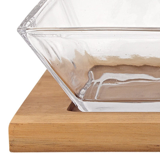 LuxxHomes  4 Mouth Blown Crystal Hostess Set   4 Pc With 3 Glass Condiment Or Dip Bowls On A Wood Tray