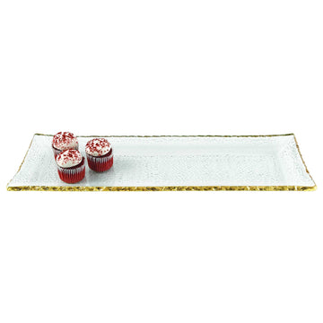 LuxxHomes  18 Mouth Blown Rectangular Edge Gold Leaf Serving Platter Or Tray