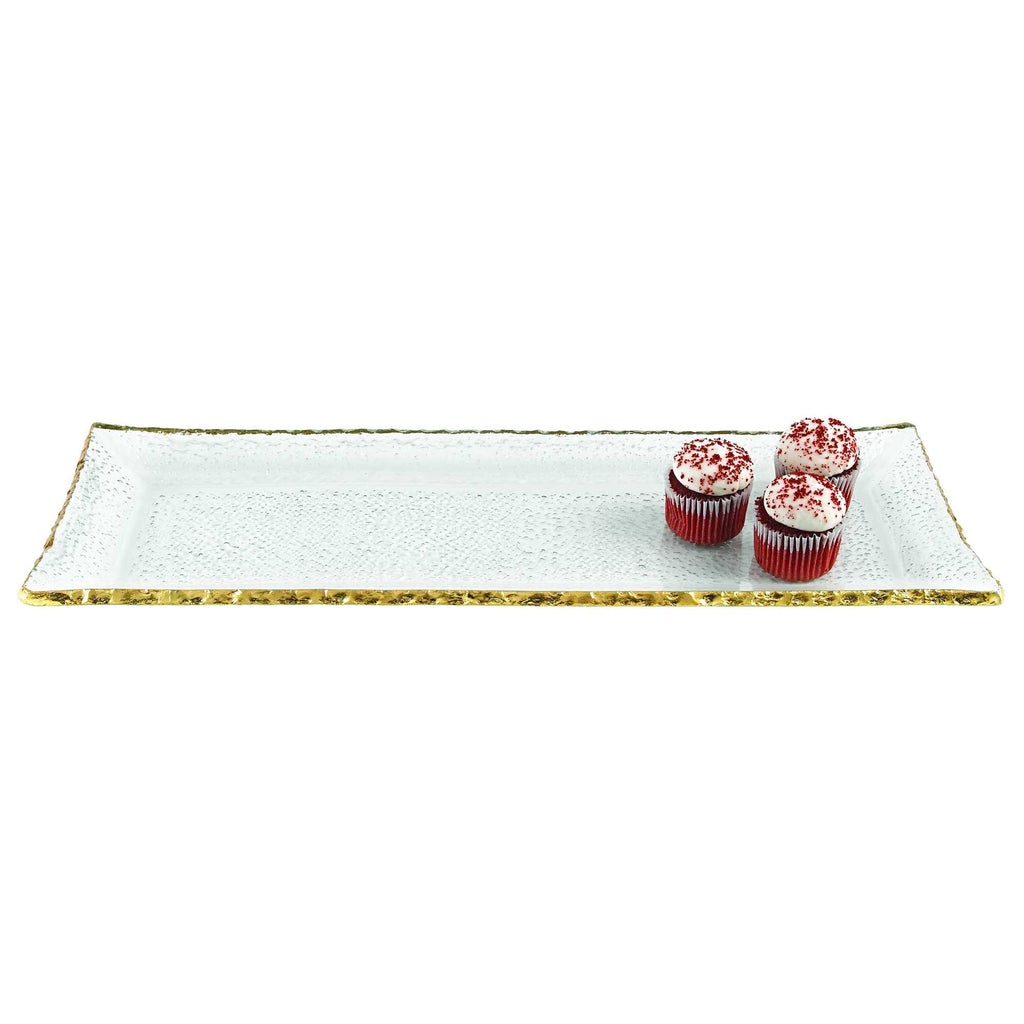 LuxxHomes  18 Mouth Blown Rectangular Edge Gold Leaf Serving Platter Or Tray