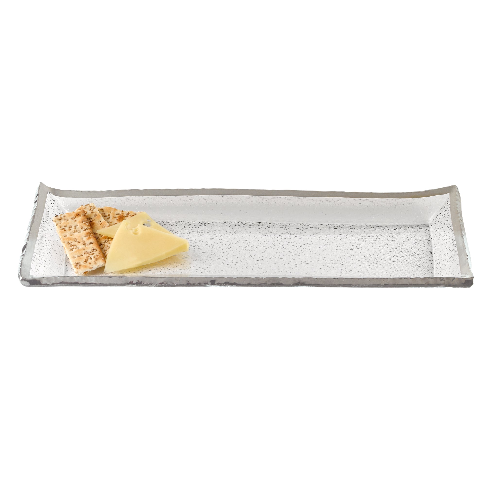 LuxxHomes  18 Mouth Blown Rectangular Edge Silver Serving Platter Or Tray