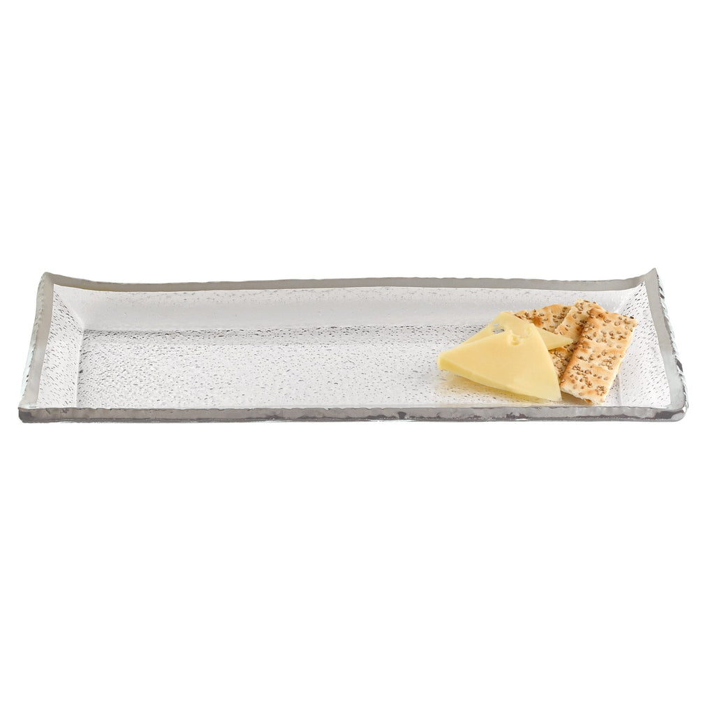 LuxxHomes  18 Mouth Blown Rectangular Edge Silver Serving Platter Or Tray