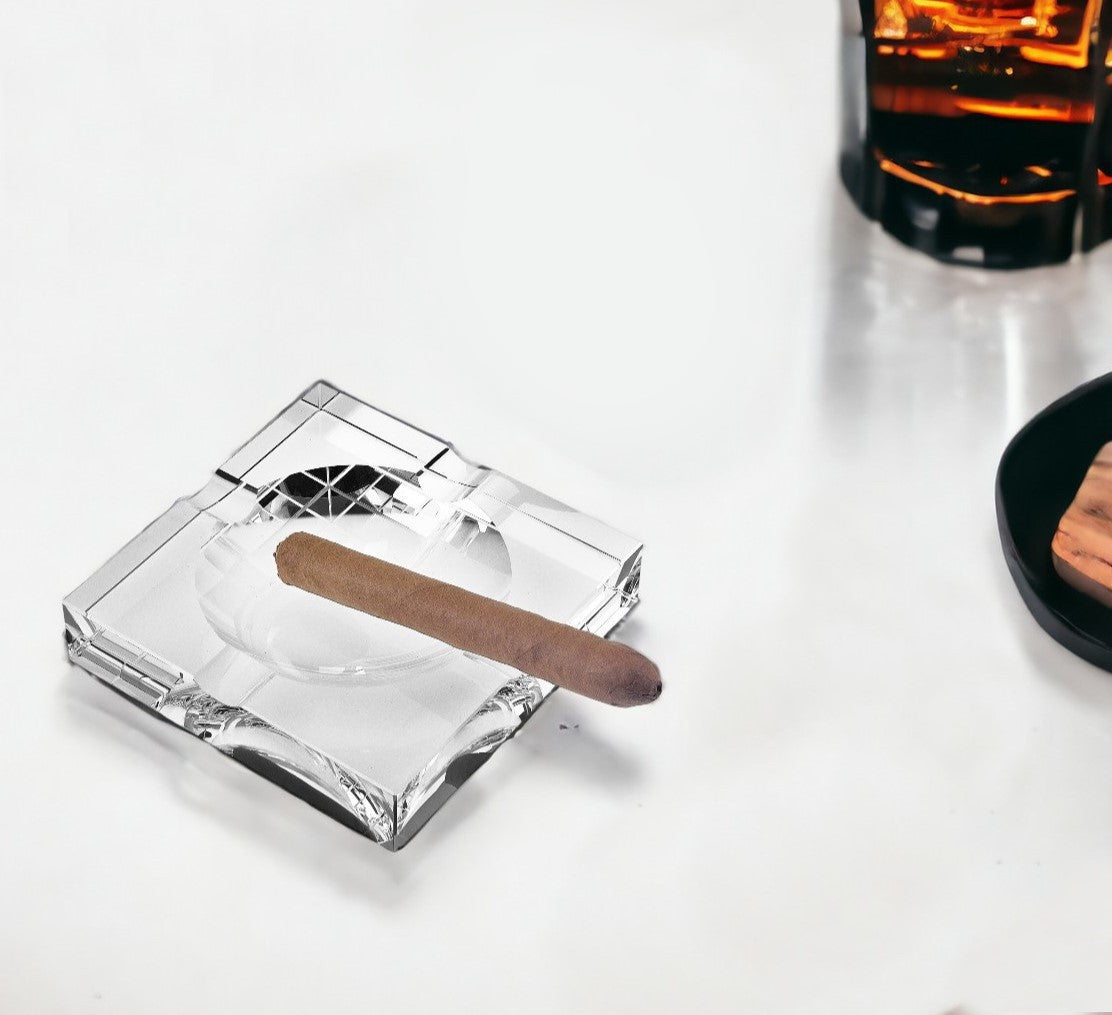 LuxxHomes  5" Clear Crystal Square Cigar Ash Tray