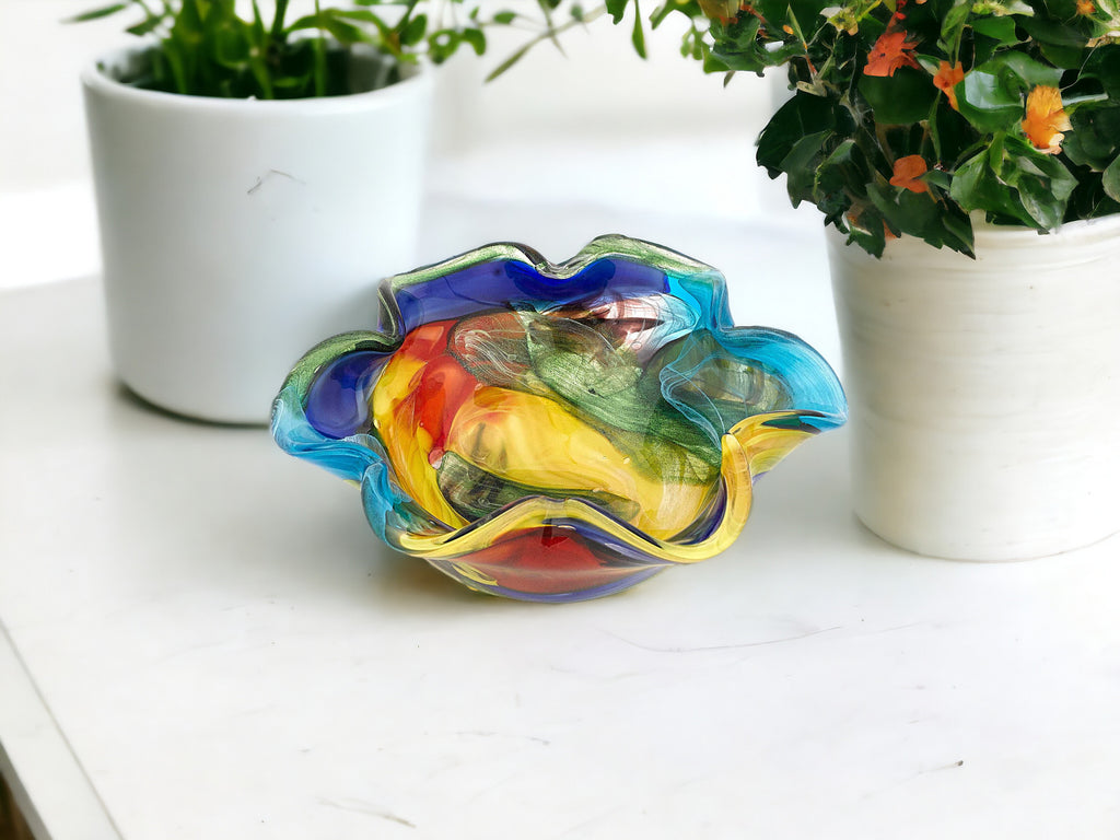 9" Rainbow Multi Colored Art Glass Centerpiece Bowl