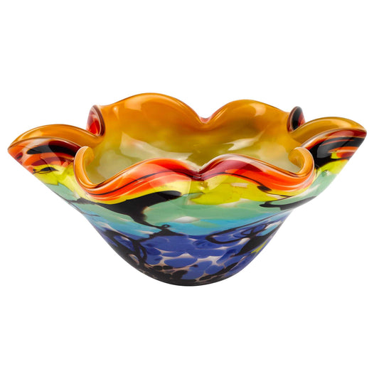 LuxxHomes  9" Rainbow Multi Art Glass Wavy Centerpiece Bowl