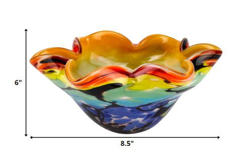 LuxxHomes  9" Rainbow Multi Art Glass Wavy Centerpiece Bowl