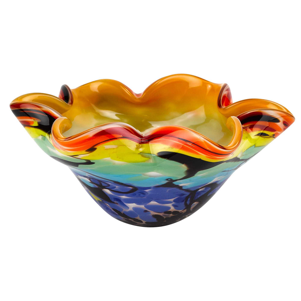 LuxxHomes  9" Rainbow Multi Art Glass Wavy Centerpiece Bowl