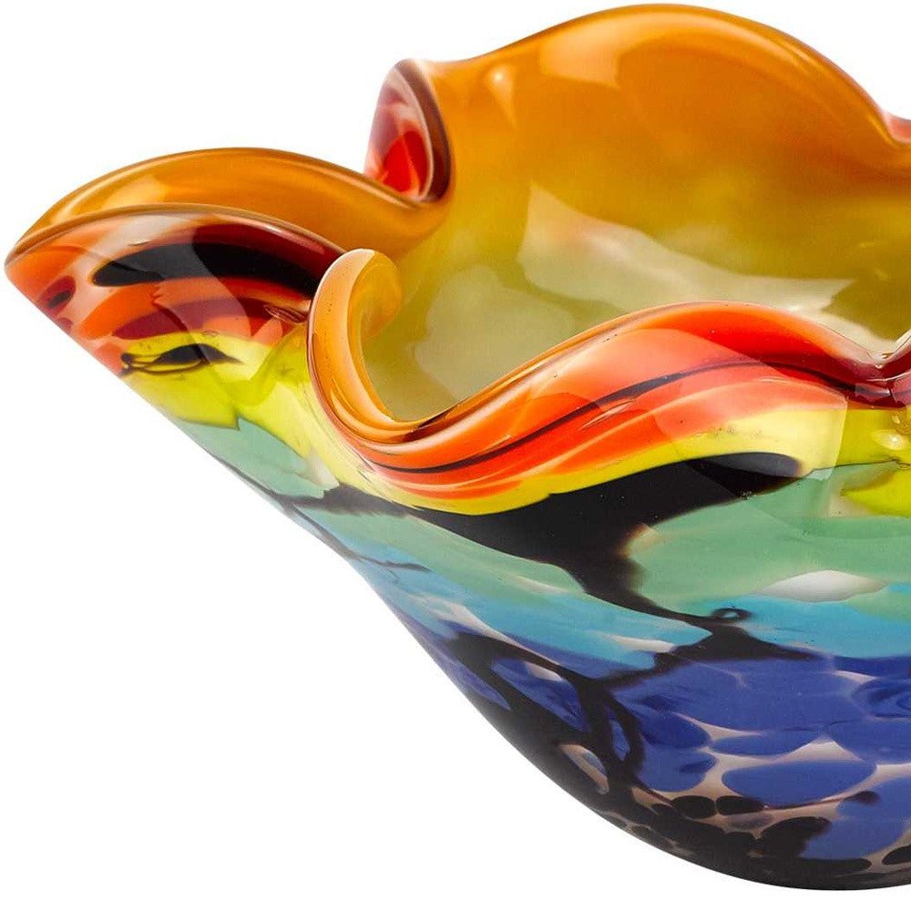 LuxxHomes  9" Rainbow Multi Art Glass Wavy Centerpiece Bowl