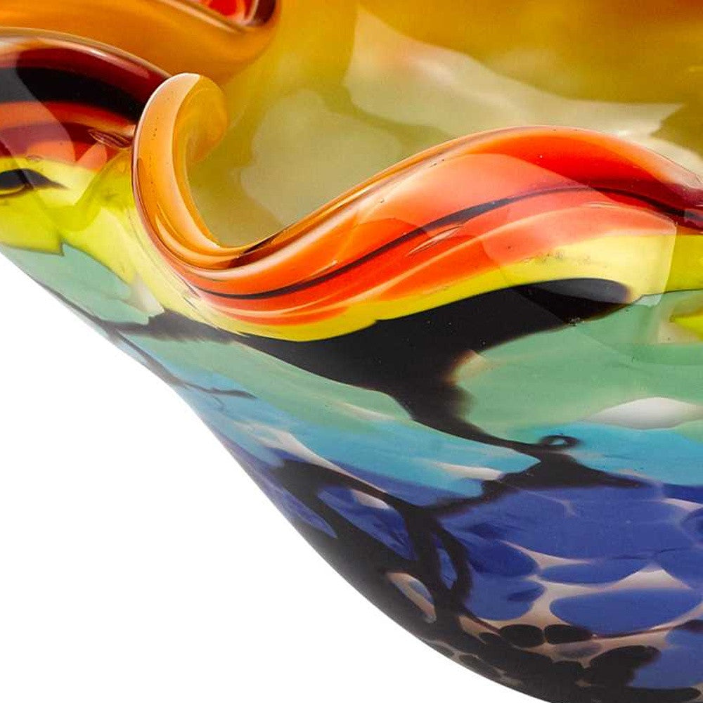 LuxxHomes  9" Rainbow Multi Art Glass Wavy Centerpiece Bowl