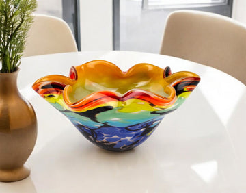 LuxxHomes  9" Rainbow Multi Art Glass Wavy Centerpiece Bowl