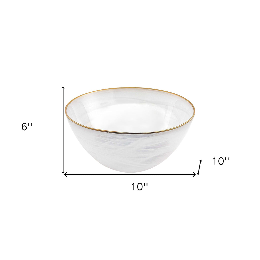 LuxxHomes  10" White and Gold Alabaster Glass Round Serving Bowl