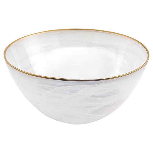 LuxxHomes  10" White and Gold Alabaster Glass Round Serving Bowl