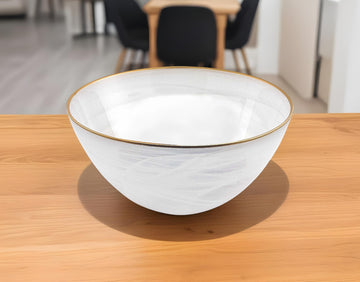 LuxxHomes  10" White and Gold Alabaster Glass Round Serving Bowl