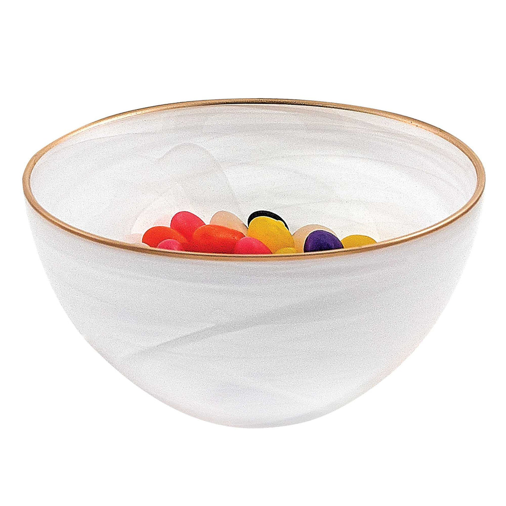 LuxxHomes  10" White and Gold Alabaster Glass Round Serving Bowl