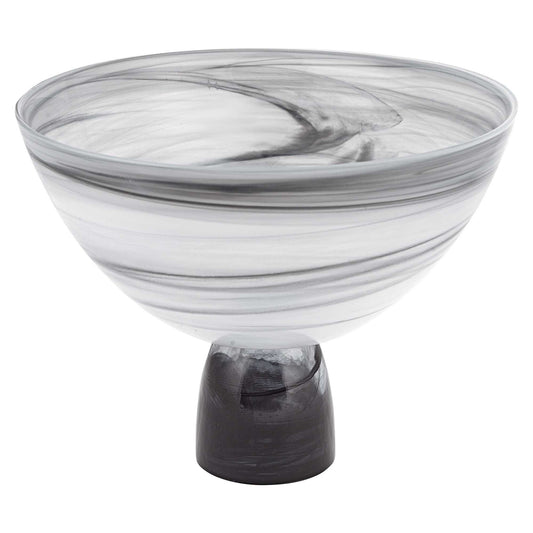 LuxxHomes  10" Black and Gray Swirl Mouth Blown Glass Footed Centerpiece Bowl