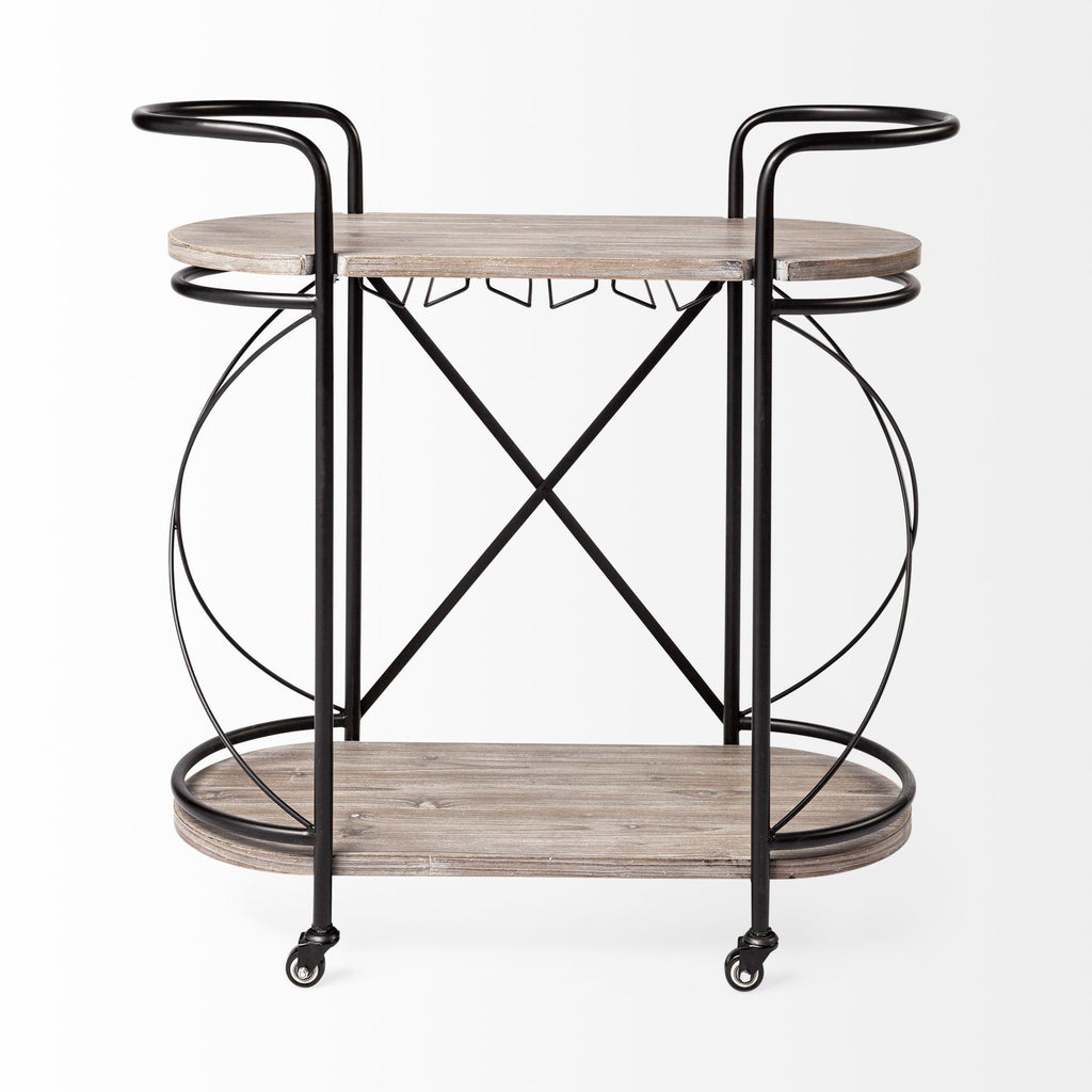 Cyclider Black Metal With Two Wooden Shelves Bar Cart