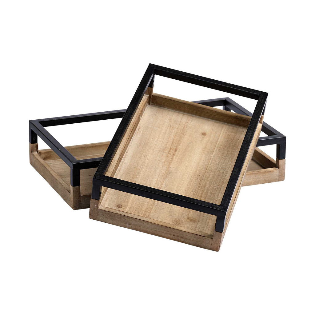 Set of Two Brown Wood Indoor Outdoor Tray With Handles