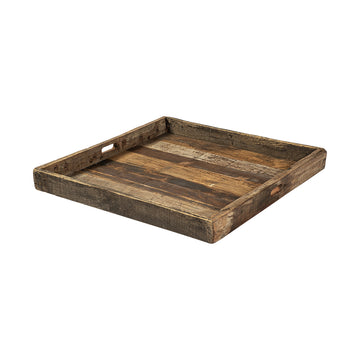 30" Brown Square Reclaimed Wood Serving Tray With Handles