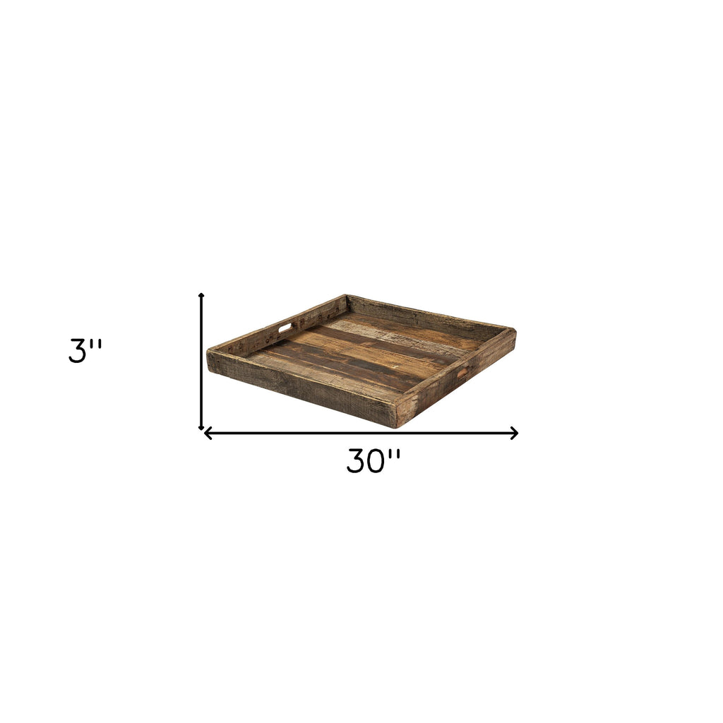 30" Brown Square Reclaimed Wood Serving Tray With Handles